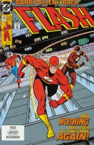 Flash v.2 #75 cover: Barry Allen, Jay Garrick and Wally West together.