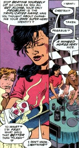 Wally and Linda try to come up with new names for the third Flash. Lightning, Cheetah, Pegasus...