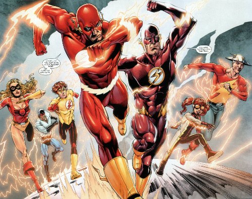 Flash: Rebirth #5 - Double-page spread featuring all the good-guy speedsters including: Jesse Quick, Max mercury, Bart Allen as Kid Flash, Barry Allen, Wally West in his new Flash costume, Irey West as Impulse, and Jay Garrick.