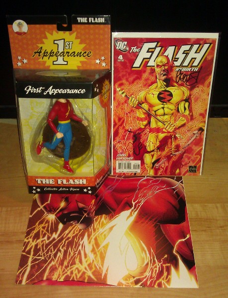 Jay Garrick 1st Appearance action figure, Flash Rebirth #4 variant signed by Geoff Johns, Flash: Rebirth poster